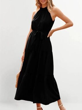 Elegant Black Halter Tie-Waist Maxi Dress